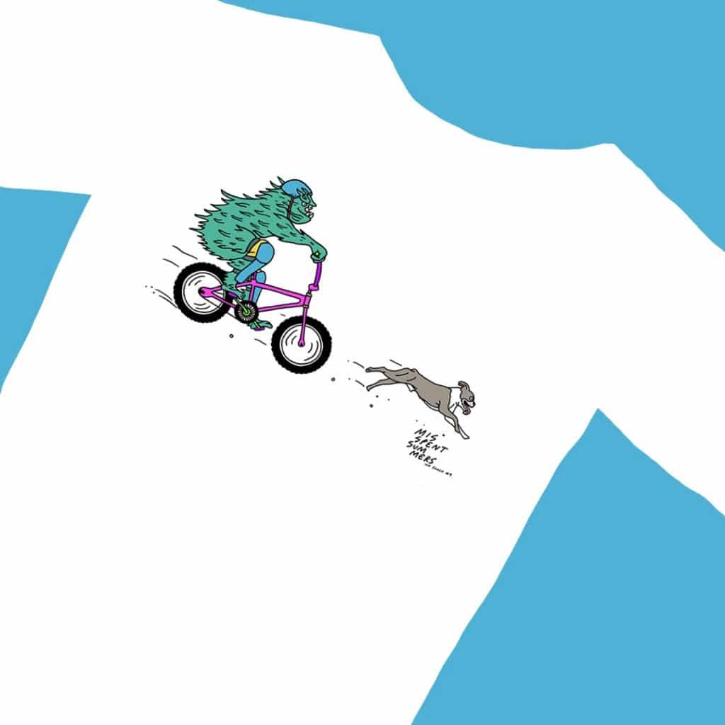 mountain bike trail dog t-shirt by Misspent Summers and Jon Gregory.
